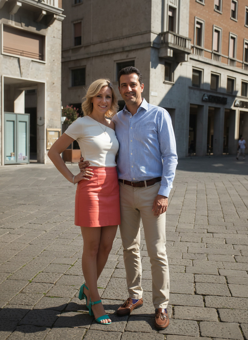 Visiter Plaisance en Italie. Couple à Plaisance, Piazza dei Cavalli 